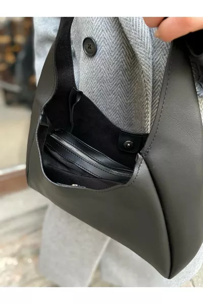 Women's Black Faux Leather Handbag and Shoulder Bag with Zippered Inner Compartments