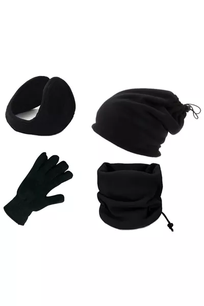 مجموعة 4 قطع مقاومة للبرد: طوق رقبة قطبي ثنائي، سماعات، وقفازات محبوكة مقطوعة