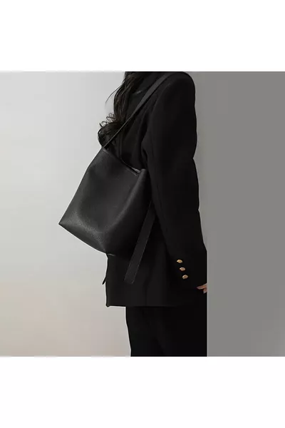 Siyah Çıtçıtlı Bucket Suni Deri  Kadın El ve Omuz Çantası