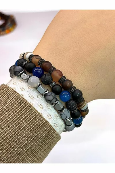 Гривна с амулет от естествен камък за унисекс 3 в 1: азурит, хематит, кристален кварц