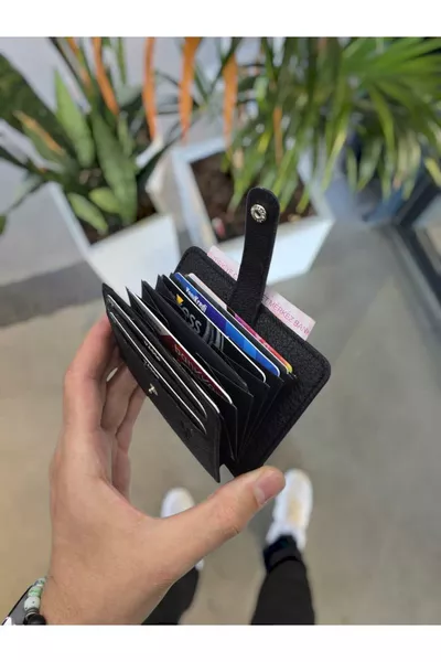 Естествена кожа портфейл с копче, акордеон стил с отделения за лични документи, персонализирана мъжка чанта ЧЕРНО