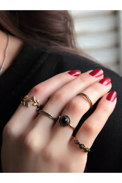 Set of 5 Adjustable Joint Rings with Onyx Natural Stone