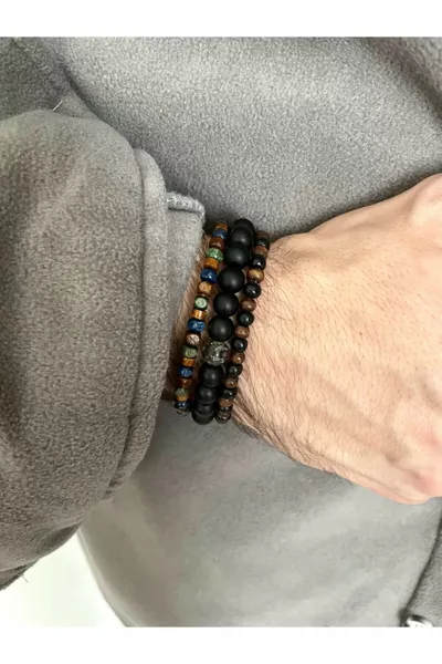 Мужской - Очень стильный комплект из 3 браслетов, выполненных из массивного дерева и натурального камня