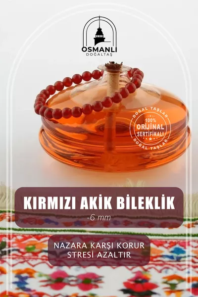 Sertifikalı Kırmızı Akik Doğal Taş Bileklik 6mm 