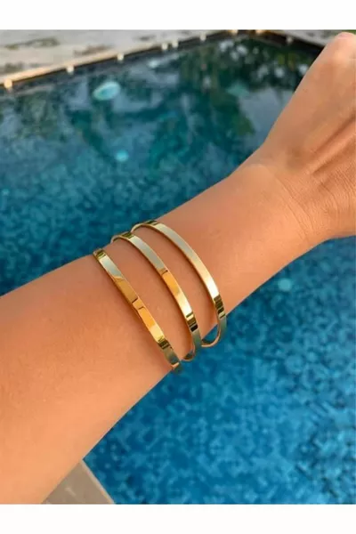 Stainless Steel Thick 3-Piece Ajda Bracelet, Bangle with Gold Plating