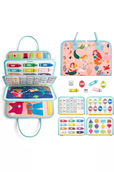 حقيبة تعليمية من الفرو مونتيسوري للأميرات باللون الوردي | لوحة مشغولة مع 8 أنشطة لتطوير المهارات الحركية