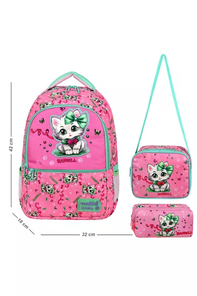 Licensed Purple-Pink Cat Pattern Girls' School Backpack, Lunch Bag, and Pencil Case