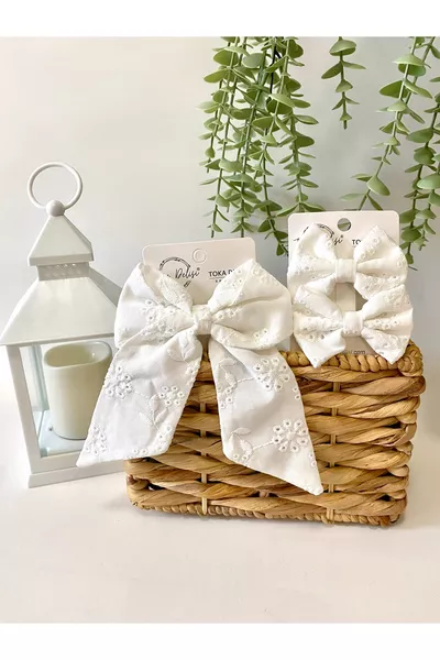 Handmade Pistachio Mother-Daughter New Automatic White Bow Hair Clip, Special Design for Henna and Wedding, Women's Hair Clip