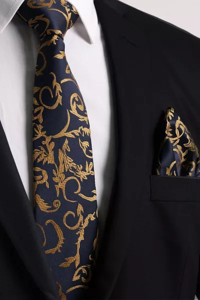 Handmade 8 cm Yellow - Navy Blue Patterned Tie Handkerchief