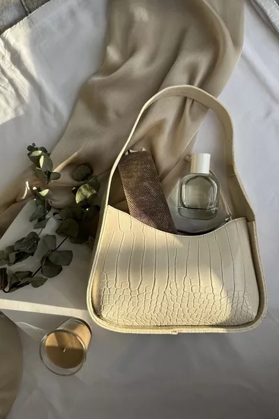 Krem Kroko Kadın Kroko Desenli Baget Çanta Omuz Çanta Kol Çanta Kadın Çanta