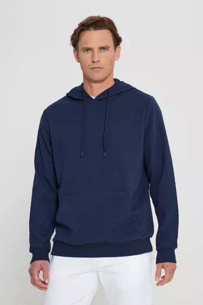 Herren Dunkelblau Standard Fit Normale Passform Kapuzenpullover mit Struktur und Taschen