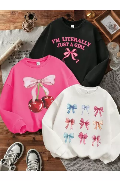 Girls' Black, White, and Pink 3-Piece Pack Sweatshirt with Bows and Cherry Print, Crew Neck