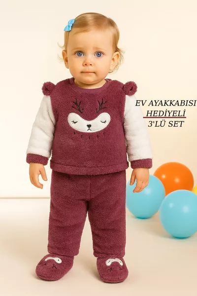 طقم أطفال بناتي مع حذاء منزلي بنقشة الغزال من ويلسوفت، 3 قطع مع هدية