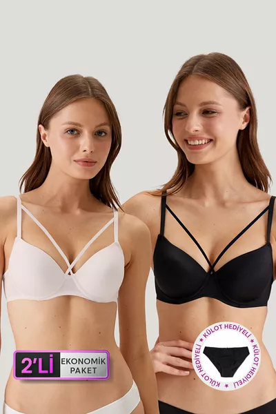Set di Reggiseno Micro Imbottito Economico 2 pezzi  Adria Pietra Ecrù con Dettagli a Righe Nere (Slip in Omaggio)