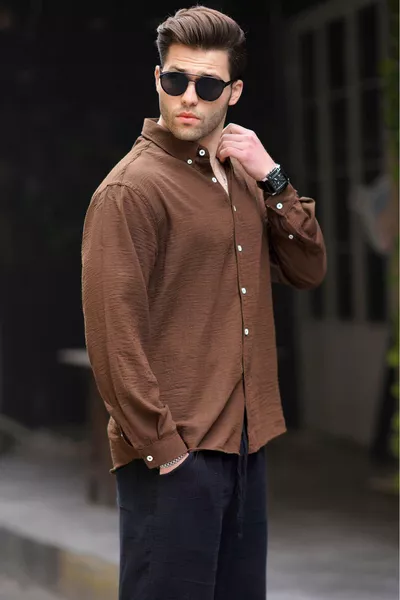 Kahverengi Uzun Kollu Oversize Erkek Gömlek 