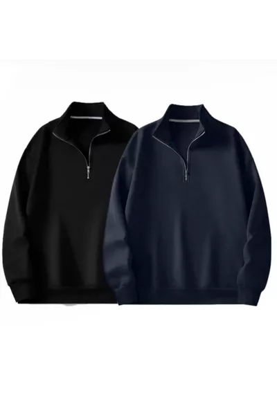 Black and Navy Blue Stand Collar Plain Knit Sweatshirt