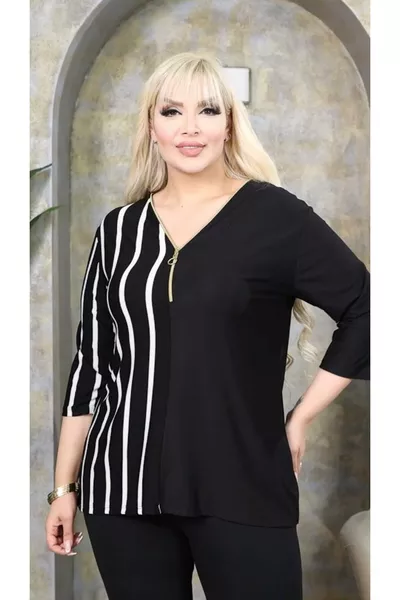 Black and White Half-Striped Double-Sided Plus Size Blouse