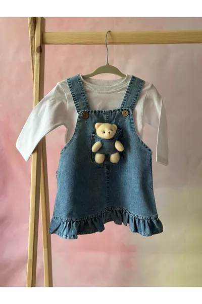 فستان جينز برسومات دببة مع طقم من قطعتين