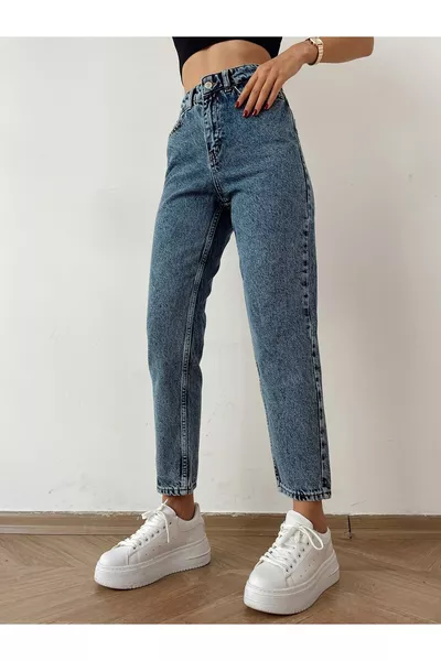 Jean Mom Indigo Moyen Snow Blue Dilber à Taille Haute avec Détails Boyfriend