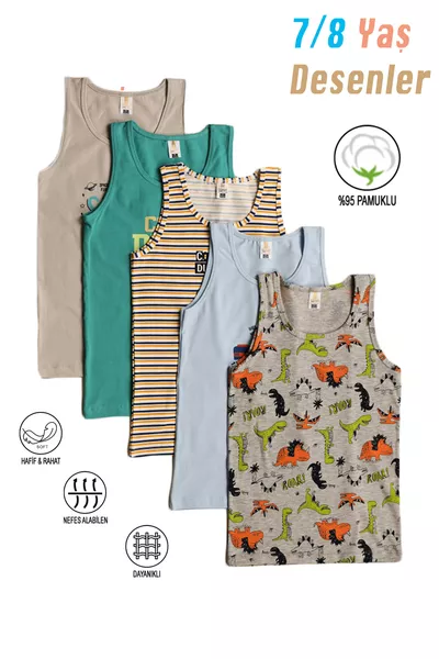 Özkan  5-Pack Boys' Cotton Tank Tops, Mixed Colors, Patterned, Soft, Comfortable, Thick Straps