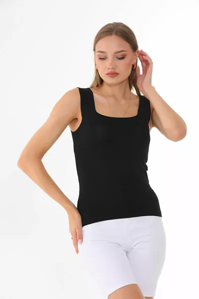 Damen Schwarze Ärmellose Bluse, Dicke Träger, Langes Top, Dünn, Sommer, Quadratischer Ausschnitt, Strick
