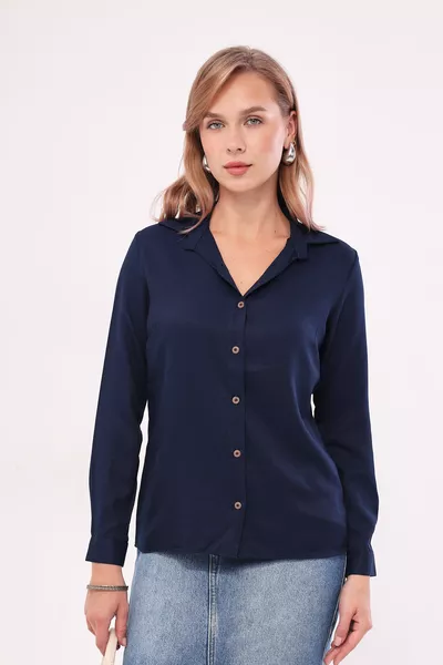 Kadın Lacivert Uzun Kollu Düz Gömlek 