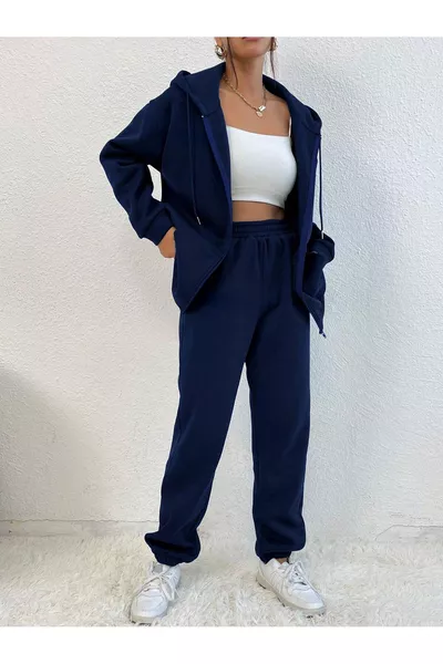 Ensemble de survêtement femme d'hiver épais oversize avec capuche zippée bleu marine