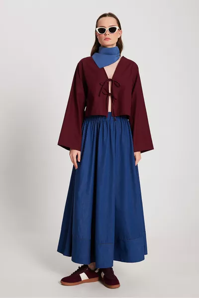 Blouse femme en popeline bordeaux à nouer devant 