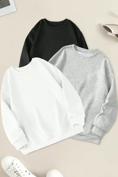 Unisex 3-Pack Black White Gray Crew Neck Oversized Sweatshirt