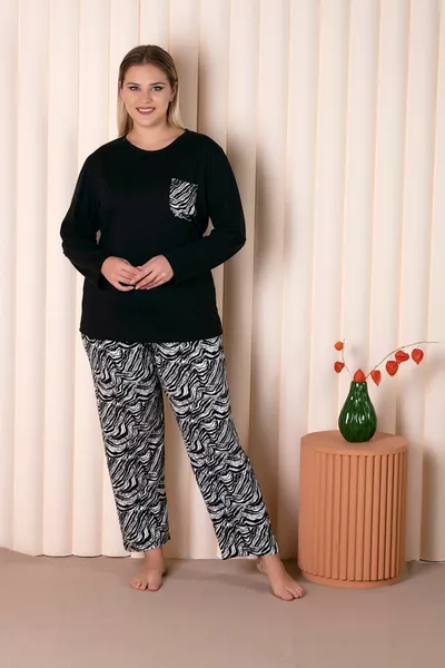 Büyük Beden Siyah Renkli Zebra Desenli Cepli Uzun Kollu Battal Pijama Takımı B-3