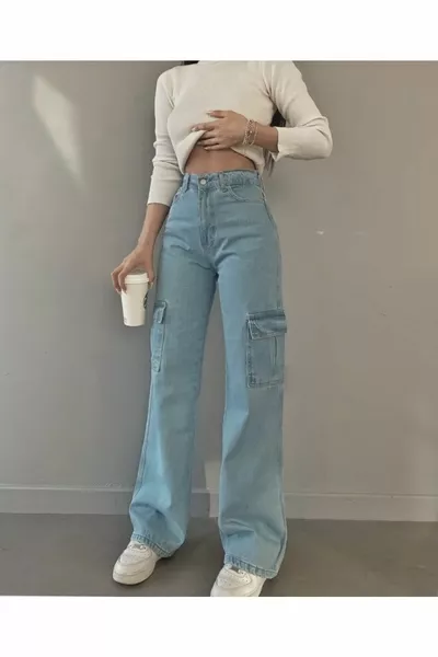 Buz Mavi Kargo Cepli Likralı Yüksek Bel Salaş Bol Paça Kot Pantolon Flare Jean