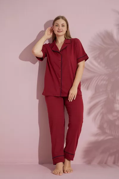 Büyük Beden Kadın Bordo Kısa Kollu Pamuklu Önden Düğmeli Biyeli Pijama Takımı