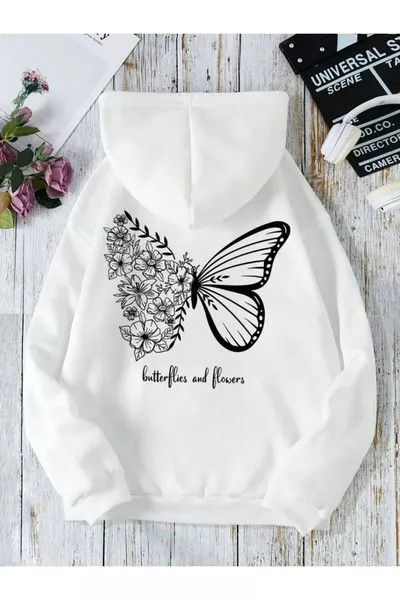 سويتشيرت قطن بقبعة بطبعة فراشة على الظهر للنساء