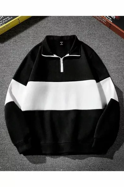 Felpa con collo polo a mezza zip a colori divisi nero e bianco (PEZZO UNICO)
