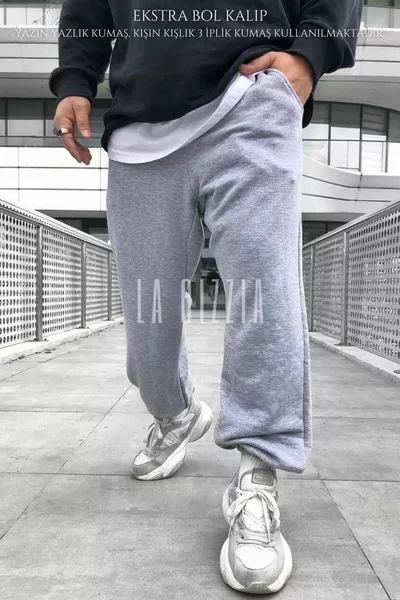 2-Ply Summer Grey Oversized Sweatpants with Elastic Cuffs, Loose Fit, Plus Size Bottoms
