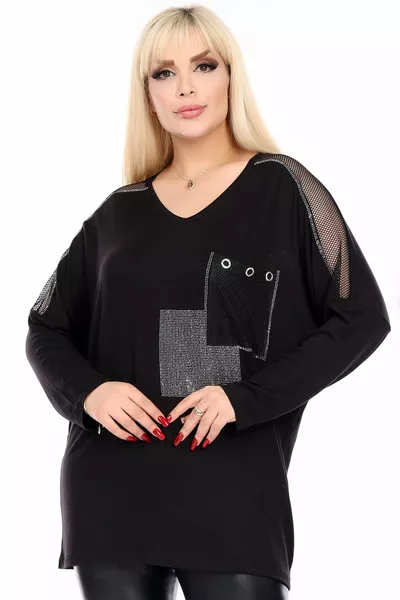 V-Neck Blouse with Pocket, Mesh Details on Sleeves, Stone Embellishments, Long Sleeves, Comfortable, Flowing, and Stretchy