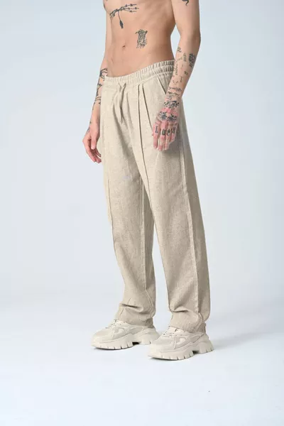 Krem Baggy Pileli Keten Pantolon