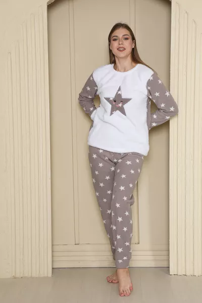 طقم بيجامة نسائي شتوي طويل الأكمام من وولسافت بنقشة النجوم