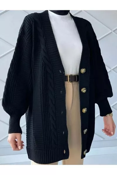 Black Knit Cardigan with Braid Pattern