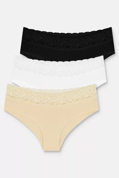 3-delige katoenen hipsterstring met kant