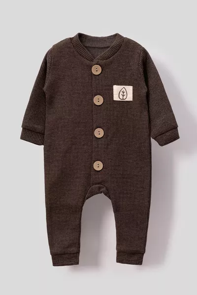 Unisex Wooden Button Detailed Hat Waffle Stylish Baby Romper - Brown