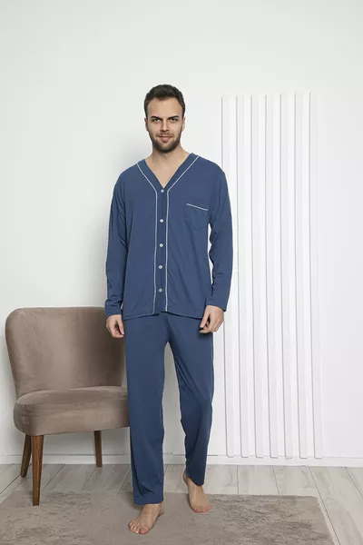 Мъжки син пижамен комплект с предно закопчаване и дълги ръкави от трикотажен плат