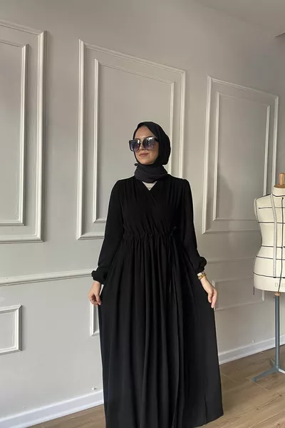 فستان حريريم مع حزام مفصل من الداخل والخارج، كريب مقاوم للتجاعيد، عباءة سوداء