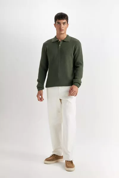 سترة صوف بولو بياقة عادية، مقاس قياسي بلون زيتي WN