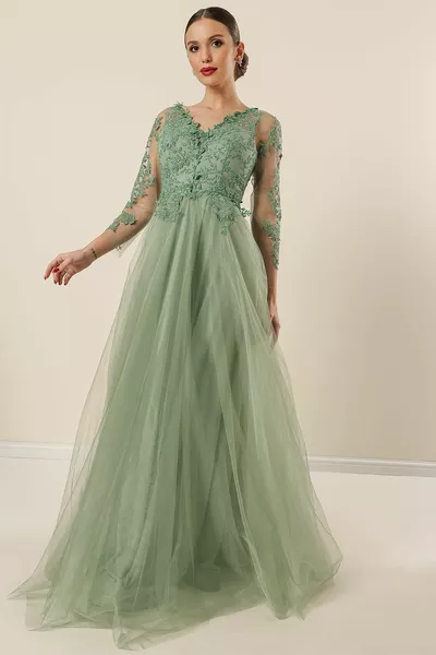 Voorkant Achter V-hals Top Glitter Motief Gevoerd Lange Tule Jurk Mint