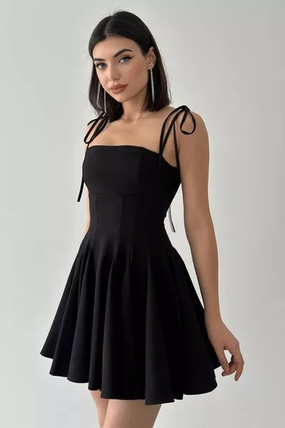 Atlas Stof Binding Gedetailleerde Dunne Bandjes Front Collet Prinses Gesneden Zwarte Avondjurk 