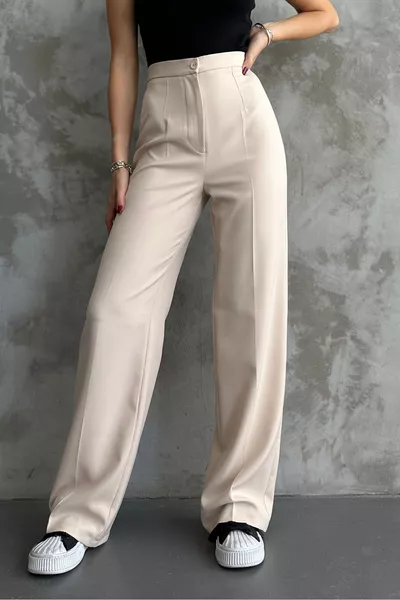 بنطال قماش كلاسيكي كريم للنساء بمقاس خصر مرتفع للموسم الجديد
