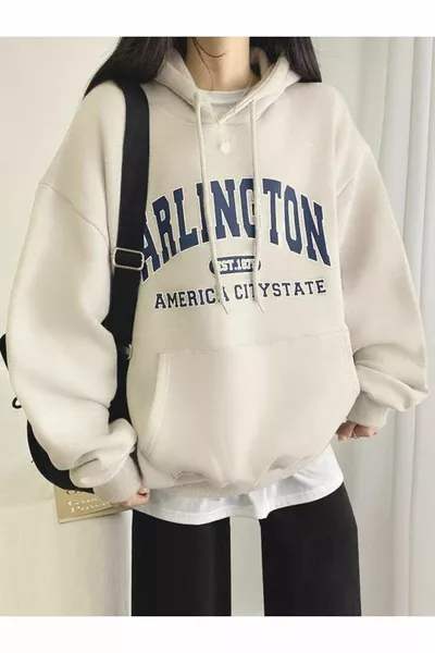 سويت شيرت بغطاء رأس من القطن مطبوع باسم ولاية مدينة أرلينغتون الأمريكية للنساء