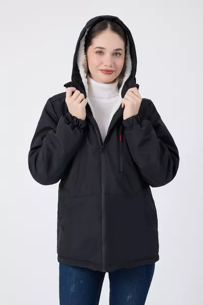 معطف شتوي نسائي أسود مبطن بالفراء مقاوم للماء والرياح بغطاء للرأس & جاكيت & باركا