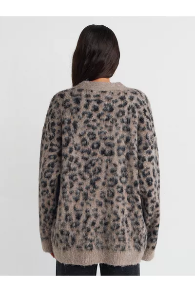  V-Hals Luipaard Geborstelde Knopen Trui Vest - Beige